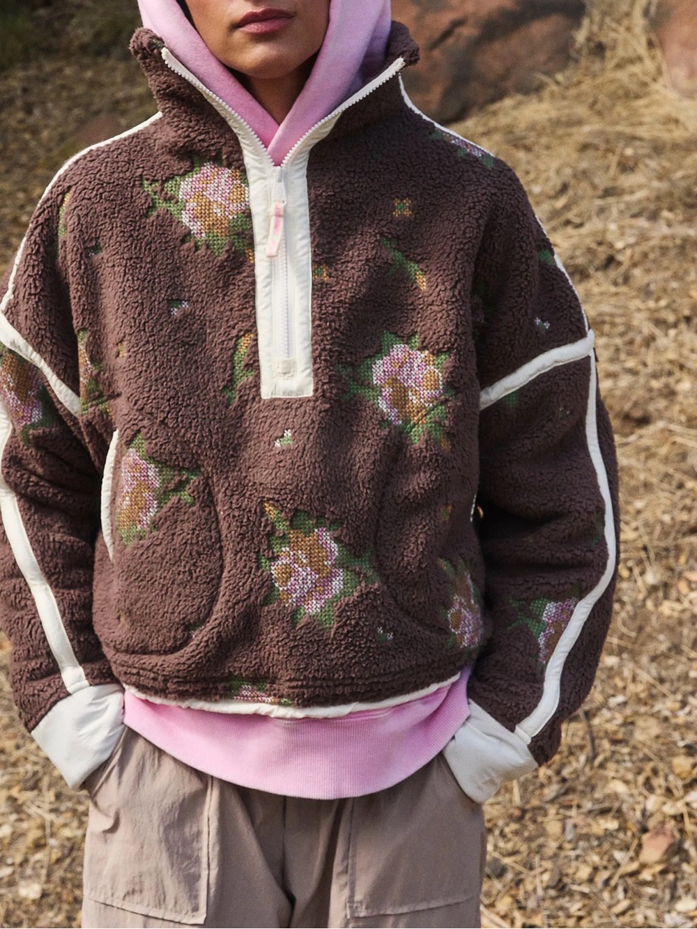 Free people mountain high embroidered half zip fleece pullover jacket